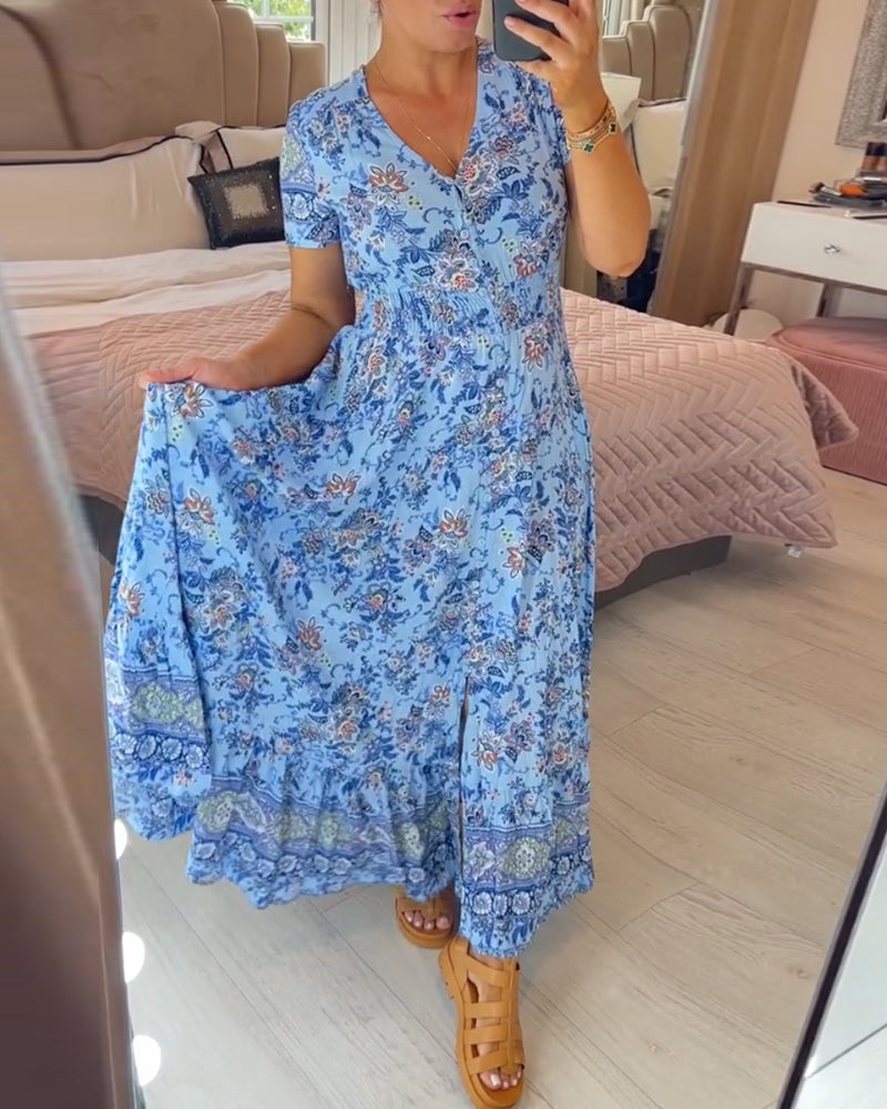 💃Heiss 50% Rabatt🔥Kostenloser Versand - Bequemes V-Ausschnitt Blumenkleid🌷