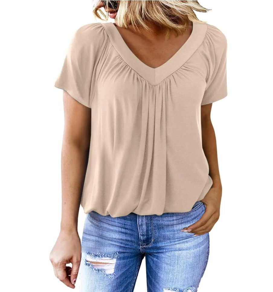 🌸Muttertagsaktion 50% Rabatt🌸Lässiges Damen-Top mit plissiertem V-Ausschnitt und kurzen Ärmeln