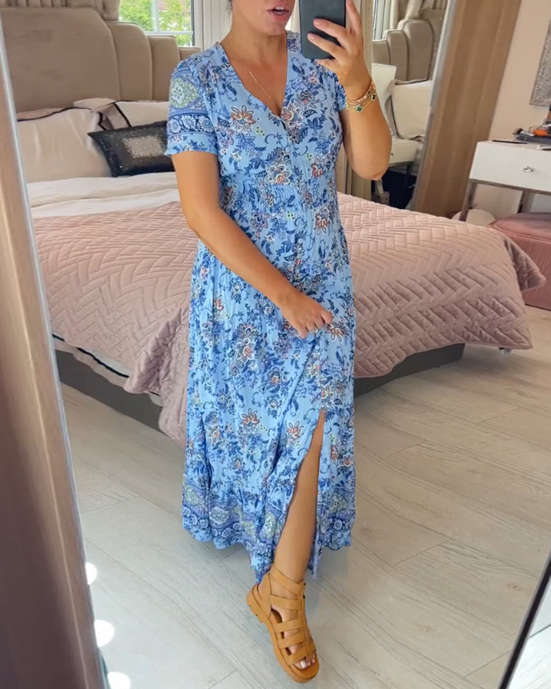 💃Heiss 50% Rabatt🔥Kostenloser Versand - Bequemes V-Ausschnitt Blumenkleid🌷