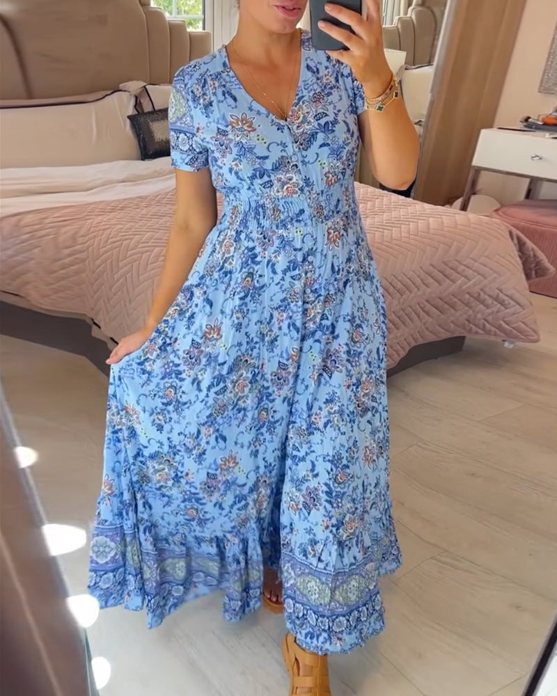 💃Heiss 50% Rabatt🔥Kostenloser Versand - Bequemes V-Ausschnitt Blumenkleid🌷