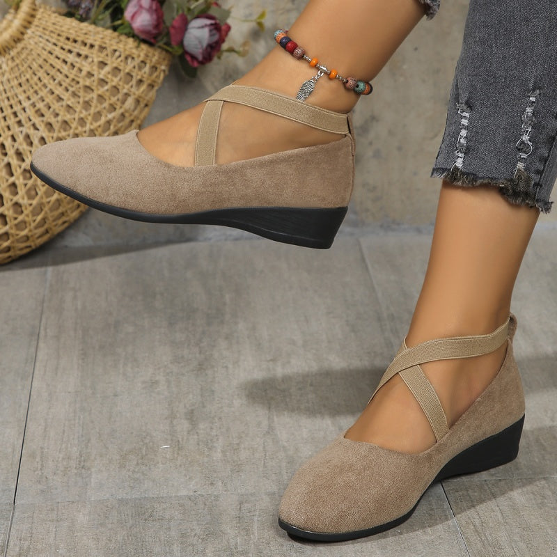 💃🔥Letzter Tag Promotion 50% Rabatt🔥Elegante feste Farbe elastische Riemen niedrige Keilschuhe
