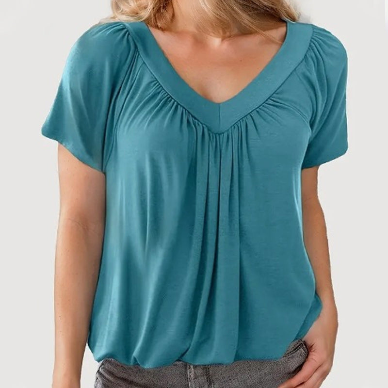 🌸Muttertagsaktion 50% Rabatt🌸Lässiges Damen-Top mit plissiertem V-Ausschnitt und kurzen Ärmeln