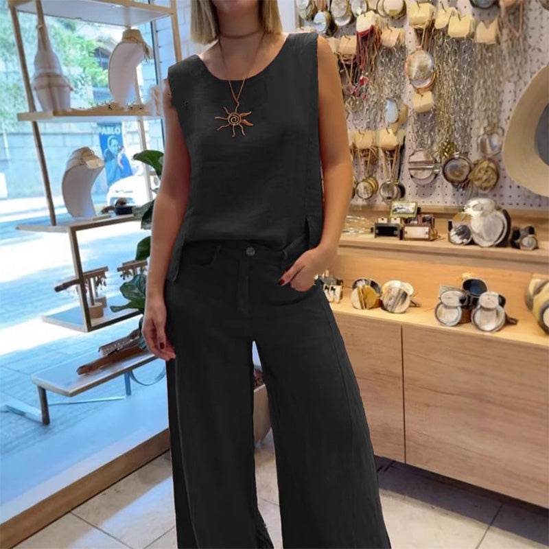 2-teiliges Set aus ärmellosem Oberteil in Unifarbe und Hose mit weitem Bein