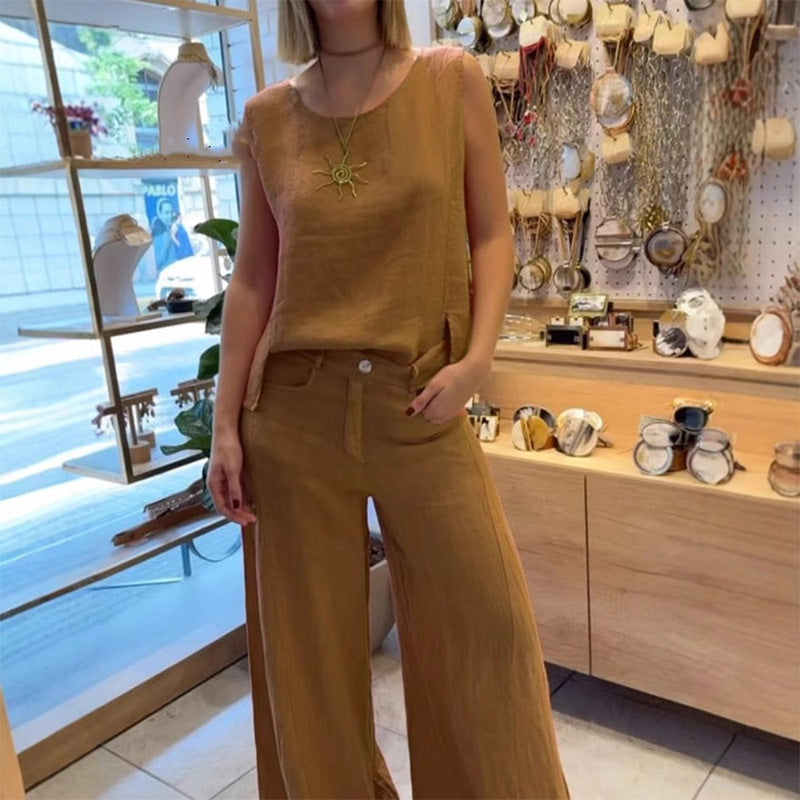 2-teiliges Set aus ärmellosem Oberteil in Unifarbe und Hose mit weitem Bein