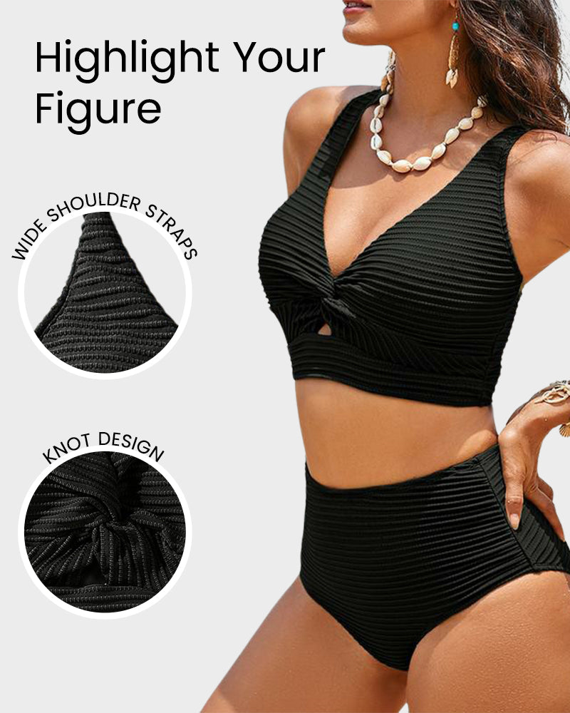 Texturiertes Bikini-Set mit Knotendetail und High-Waist-Schnitt