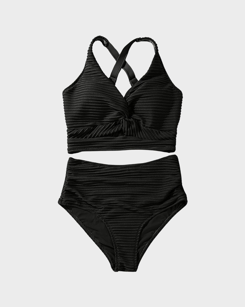 Texturiertes Bikini-Set mit Knotendetail und High-Waist-Schnitt