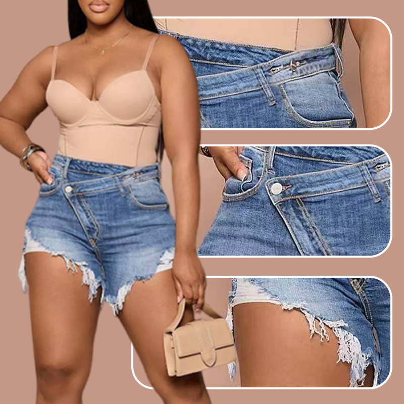High-Waist Jeansshorts mit diagonaler Knopfleiste, rohen Kanten und Rissen