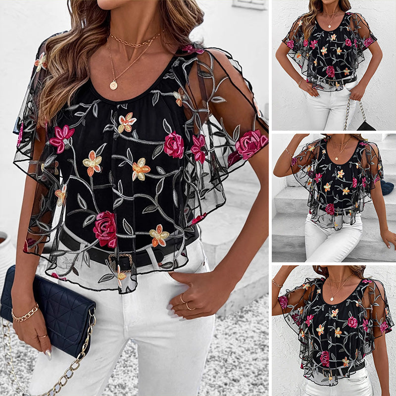 đ„Bedrucktes Mesh-Patchwork-Top fĂŒr Frauen