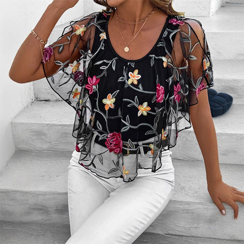 đ„Bedrucktes Mesh-Patchwork-Top fĂŒr Frauen