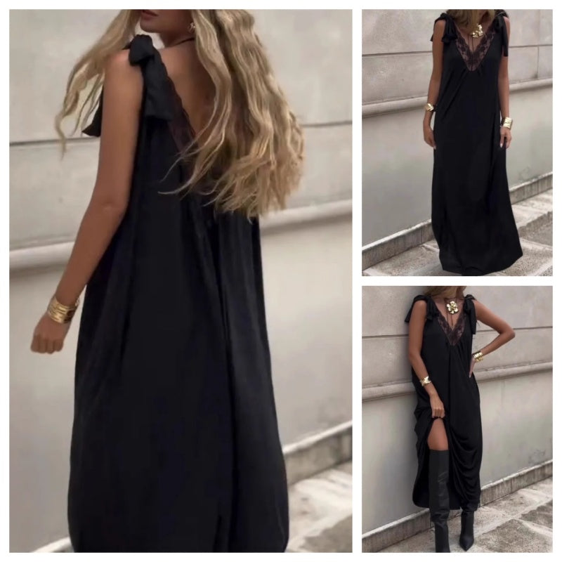 Damen Spitze V-Ausschnitt Ärmelloses Maxikleid