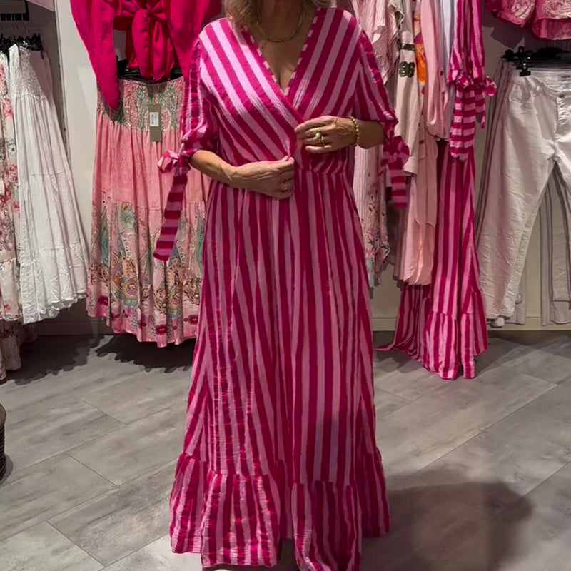 ⏳Begrenzte Zeit 50% Rabatt💥💞Lässiges gestreiftes Kleid für Damen mit V-Ausschnitt