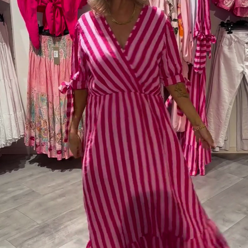 ⏳Begrenzte Zeit 50% Rabatt💥💞Lässiges gestreiftes Kleid für Damen mit V-Ausschnitt