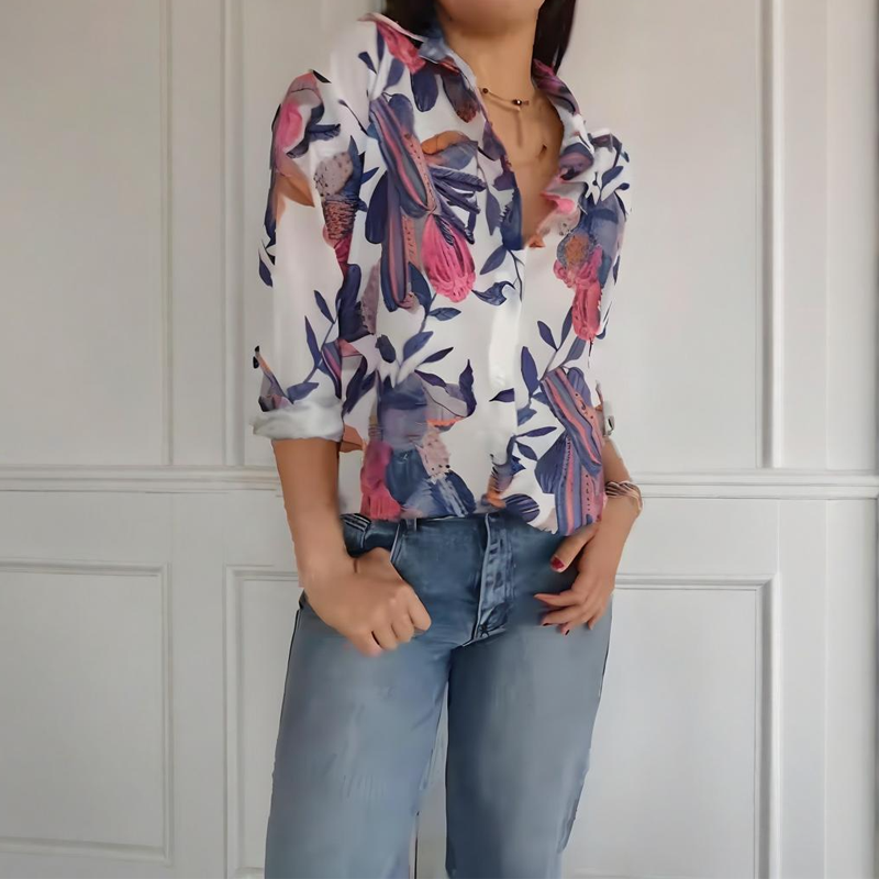 Elegante Bluse mit Pflanzenmuster und Knopfleiste