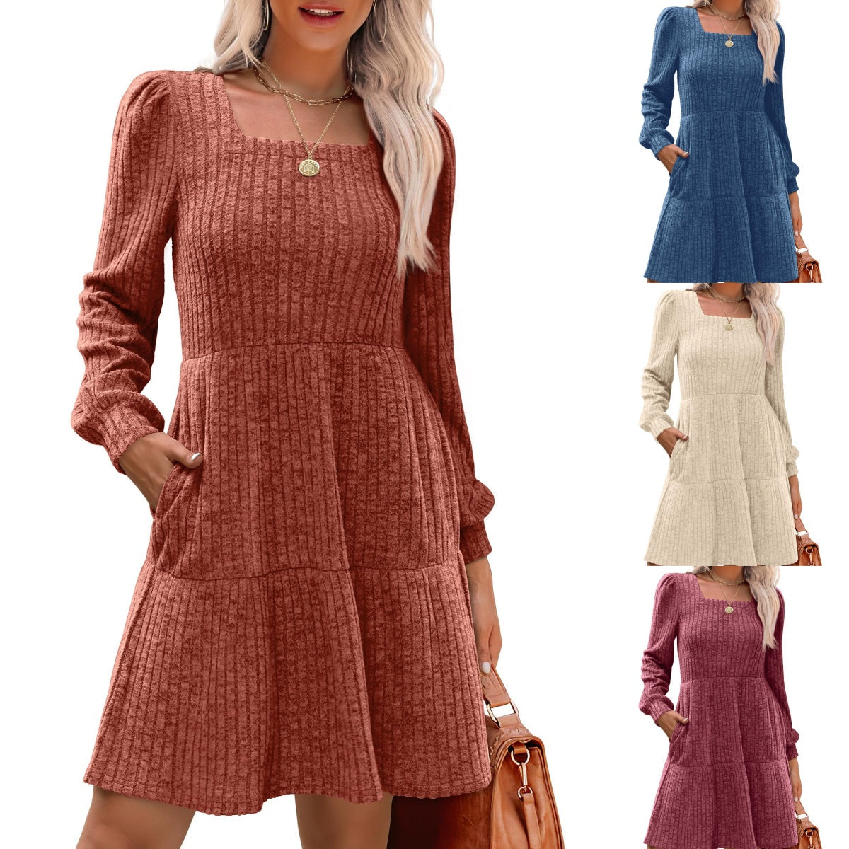 🍂Was soll ich morgen anziehen?⏰Women's Square Neck Lantern Sleeve Ribbed Dress|Glow in Autumnal Elegance!🍁