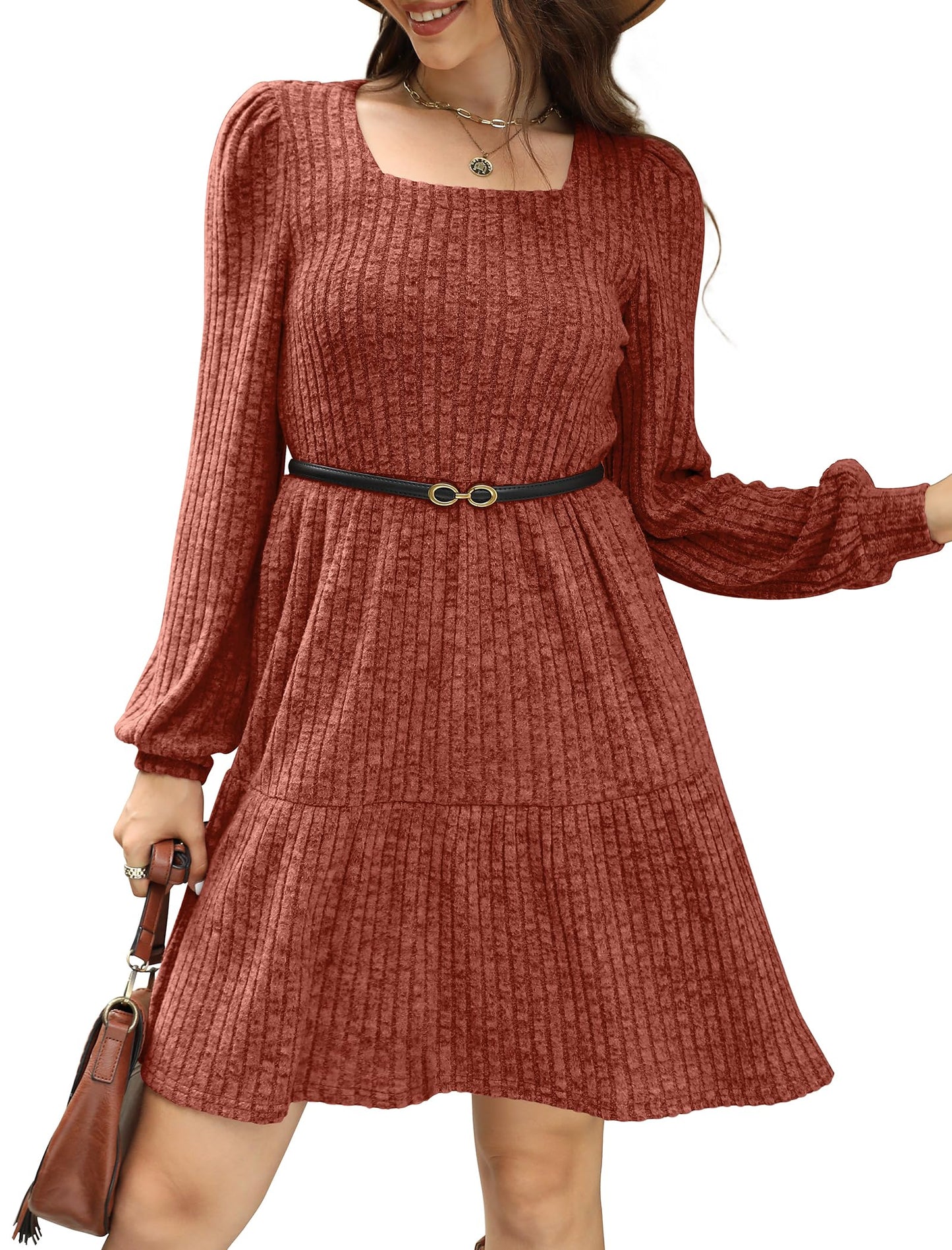 🍂Was soll ich morgen anziehen?⏰Women's Square Neck Lantern Sleeve Ribbed Dress|Glow in Autumnal Elegance!🍁