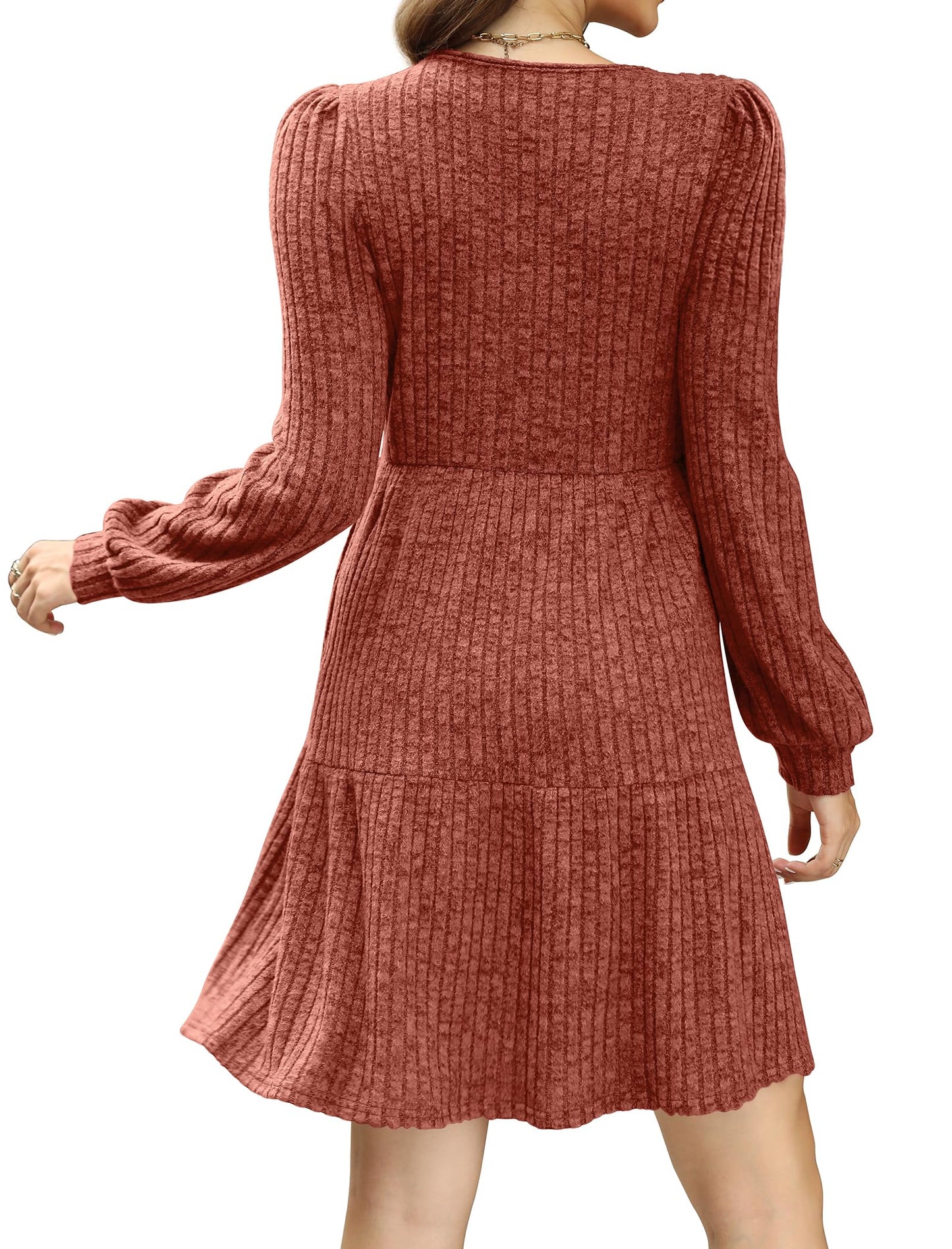 🍂Was soll ich morgen anziehen?⏰Women's Square Neck Lantern Sleeve Ribbed Dress|Glow in Autumnal Elegance!🍁