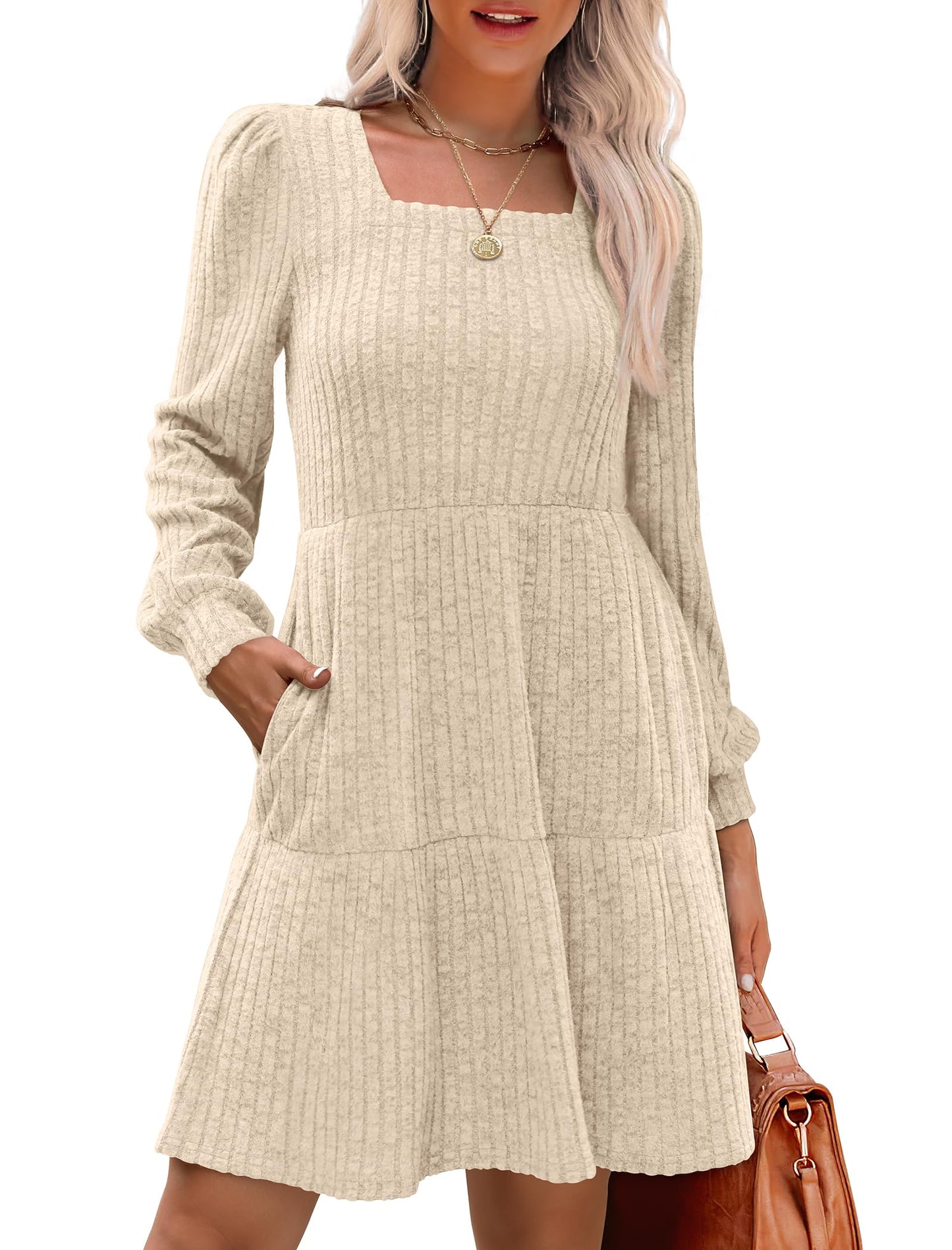 🍂Was soll ich morgen anziehen?⏰Women's Square Neck Lantern Sleeve Ribbed Dress|Glow in Autumnal Elegance!🍁