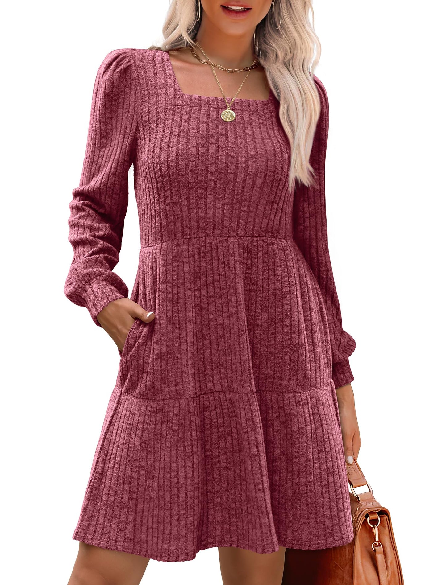 🍂Was soll ich morgen anziehen?⏰Women's Square Neck Lantern Sleeve Ribbed Dress|Glow in Autumnal Elegance!🍁