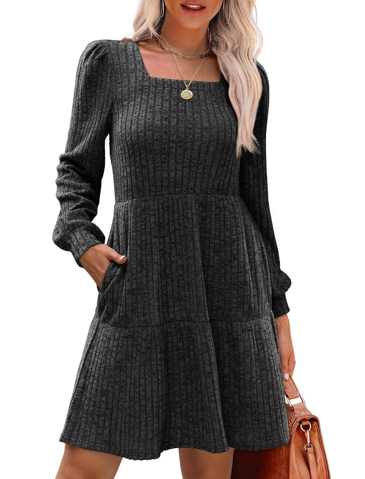 🍂Was soll ich morgen anziehen?⏰Women's Square Neck Lantern Sleeve Ribbed Dress|Glow in Autumnal Elegance!🍁