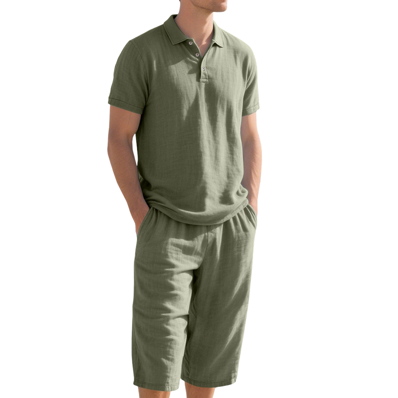 ✈️Versandkostenfrei🔥 Letzter Tag! 50% Rabatt Herren Leinen 2-Teiler Set 🌿 Polohemd + Caprihose, luftig für den Sommer
