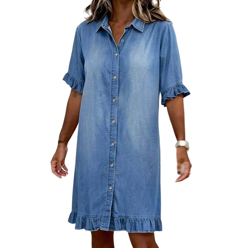 👖👗Lässiges Jeans-Kleid mit Rüschen – Weiches Denim-Shirtkleid mit Knopfleiste für Alltag, Büro & Date✨