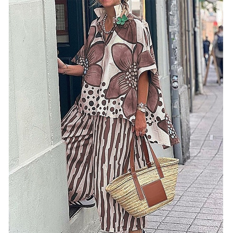 🌺Zweiteiliges Damen Freizeit Set mit Blumenprint – Hemd mit kurzen Ärmeln + Streifen-Hose für Sommer, Einkauf & Urlaub