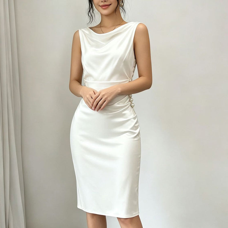 ⏰Elegantes Midikleid aus Satin mit Perldetails – Ärmelloses Abendkleid für Hochzeiten, Partys & festliche Anlässe💃