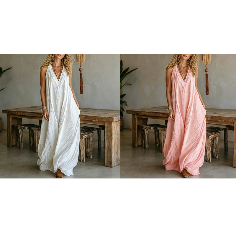 Luftiges Sommer-Maxikleid mit V-Ausschnitt – Lässiges, fließendes Kleid in Leinenoptik für Strand & Urlaub
