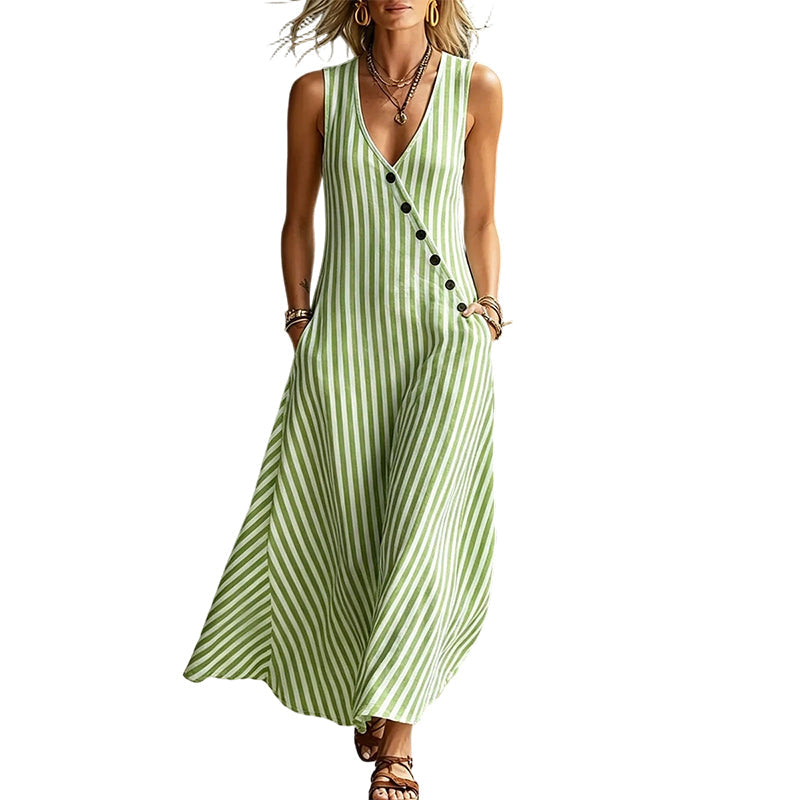 Gestreiftes Maxikleid mit V-Ausschnitt & Knopfdetail