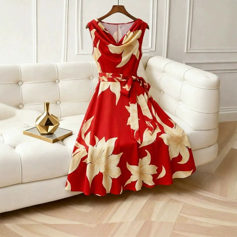 👗 Figurbetonendes A-Linien Blumenkleid ✨ Sommerliches ärmelloses Midi-Kleid mit Taillenband für den perfekten Auftritt