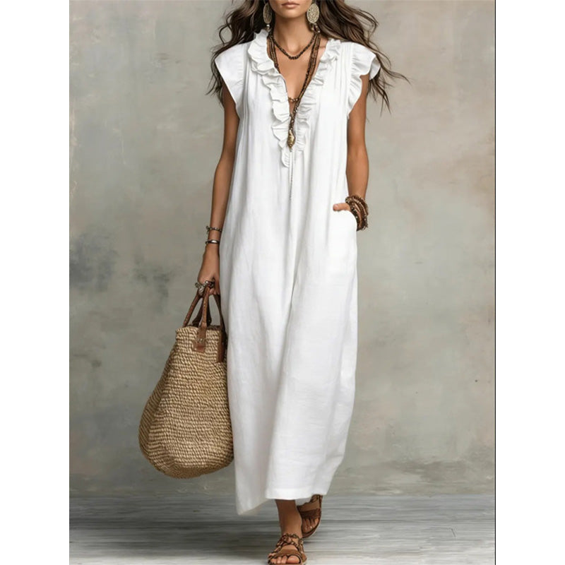 🌿✨ 50% Rabatt! Luftiges Casual Maxikleid mit V-Ausschnitt & Rüschen – Sommerlich, Leicht & Vielseitig für Freizeit & Urlaub