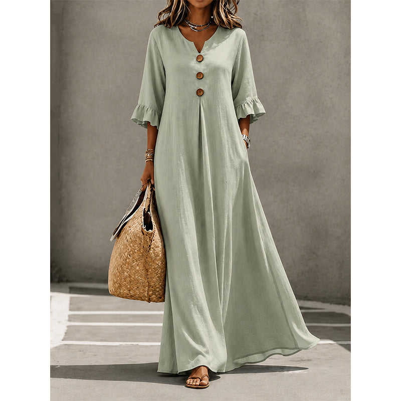 ✈️Versandkostenfrei🔥 Letzter Tag! 50% Rabatt Damen V-Ausschnitt Maxikleid 🌿 Locker fließend mit Rüschenärmeln für Sommer & Strand