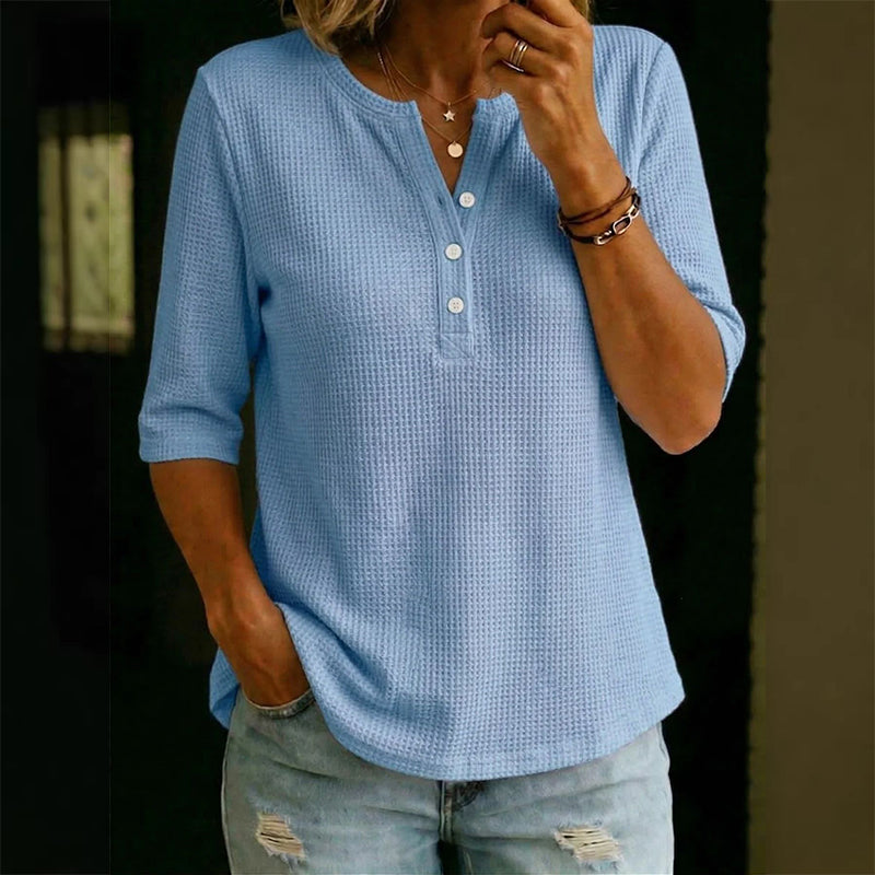 🔥 Letzter Tag! 50% Rabatt Damen Waffelstrick Henley Top 💮 Atmungsaktives 3/4-Ärmel Shirt für Freizeit & Alltag