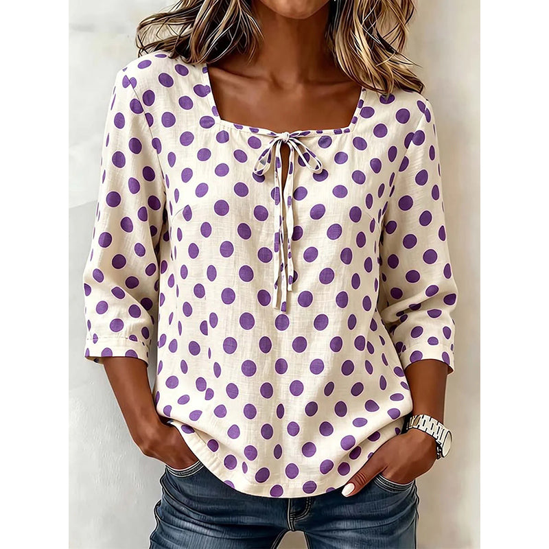 🌸 50 % Rabatt – Damen Vintage Polka-Dot-Bluse | Eckiger Ausschnitt mit Schleife | Retro-Stil für Büro, Brunch & Freizeit ✨