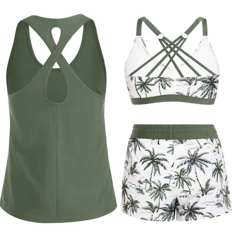 đ 50 % RABATT FĂR BEGRENZTE ZEIT! đ Plus Size 3-teiliges Badeset â Tankini Top, Neckholder Bikini & Palmenprint Badeshorts, figurfreundlich fĂŒr Strand & Pool