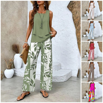 🌿 50 % RABATT FÜR BEGRENZTE ZEIT! 🩱 Damen 2-Teiler Sommer-Set – Ärmelloses Top mit asymmetrischem Saum + bedruckte Weitbeinhose, luftig für Urlaub & Alltag 💙