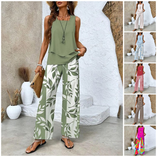🌿 50 % RABATT FÜR BEGRENZTE ZEIT! 🩱 Damen 2-Teiler Sommer-Set – Ärmelloses Top mit asymmetrischem Saum + bedruckte Weitbeinhose, luftig für Urlaub & Alltag 💙