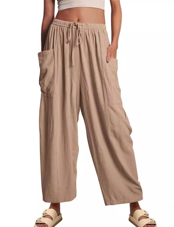 ☀️ 50 % RABATT FÜR BEGRENZTE ZEIT! 👖 Damen Leinen-Optik Weitbein Freizeithose – Elastischer Kordelbund, große Taschen, luftig für Sommer & Urlaub 🤎