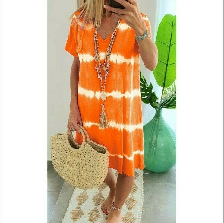 Batik-Streifen Kurzarm Loose T-Shirt-Kleid