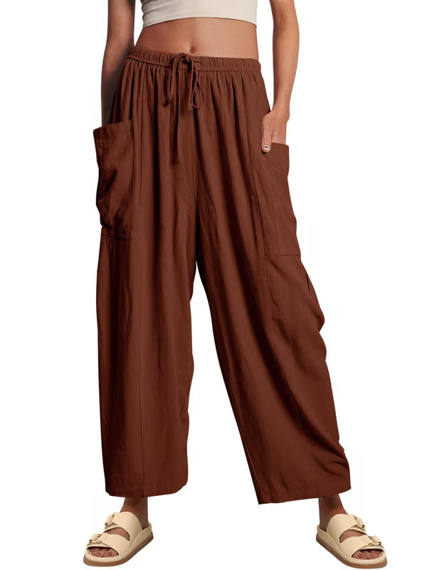 ☀️ 50 % RABATT FÜR BEGRENZTE ZEIT! 👖 Damen Leinen-Optik Weitbein Freizeithose – Elastischer Kordelbund, große Taschen, luftig für Sommer & Urlaub 🤎