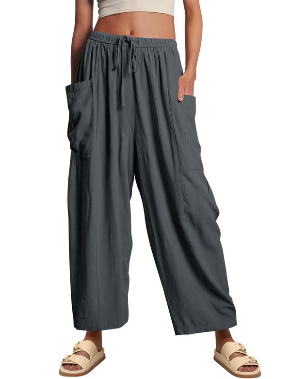 ☀️ 50 % RABATT FÜR BEGRENZTE ZEIT! 👖 Damen Leinen-Optik Weitbein Freizeithose – Elastischer Kordelbund, große Taschen, luftig für Sommer & Urlaub 🤎