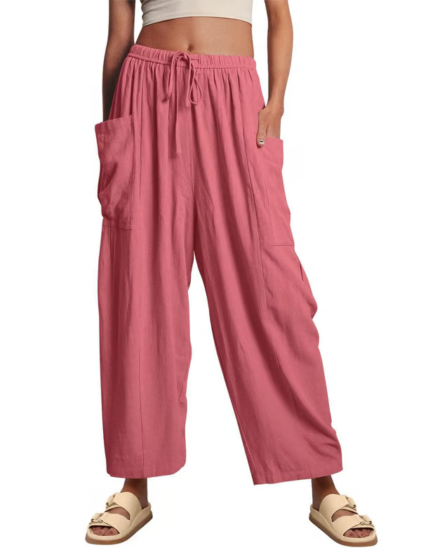 ☀️ 50 % RABATT FÜR BEGRENZTE ZEIT! 👖 Damen Leinen-Optik Weitbein Freizeithose – Elastischer Kordelbund, große Taschen, luftig für Sommer & Urlaub 🤎