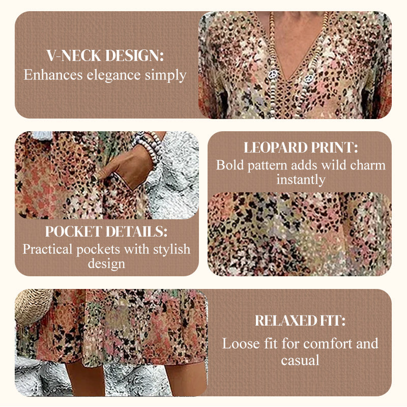 🔥 Letzter Tag! 50% Rabatt Damen Leopard Midikleid mit V-Ausschnitt 🐆 Lässiger Safari-Chic mit Taschen für Alltag & Freizeit