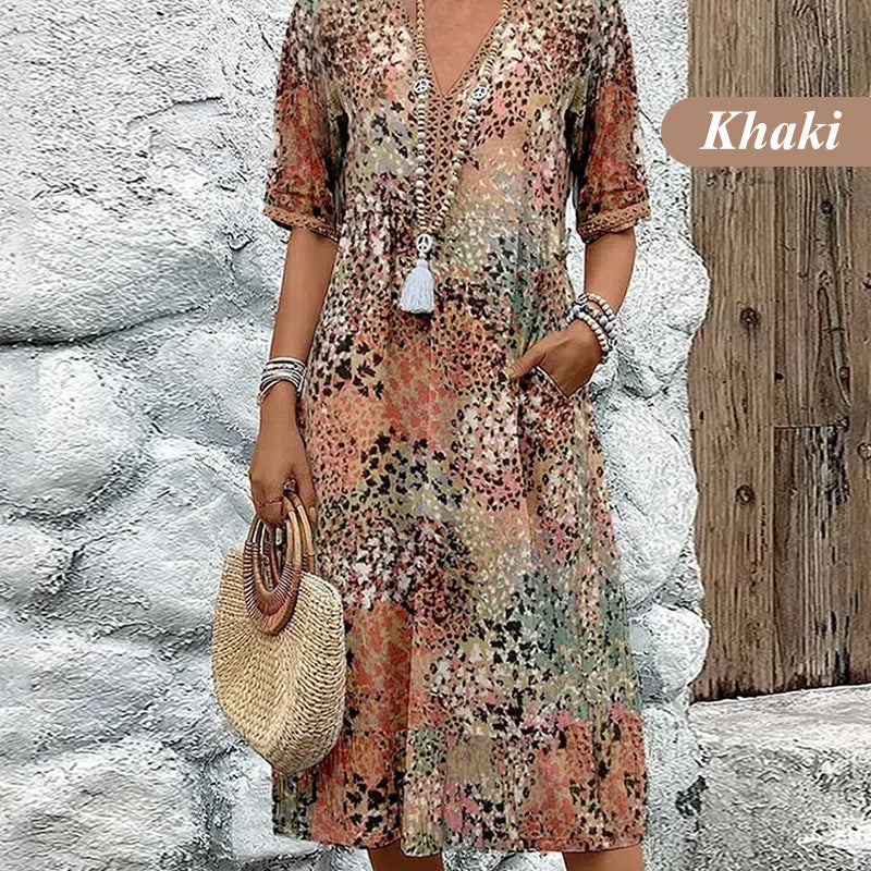 🔥 Letzter Tag! 50% Rabatt Damen Leopard Midikleid mit V-Ausschnitt 🐆 Lässiger Safari-Chic mit Taschen für Alltag & Freizeit