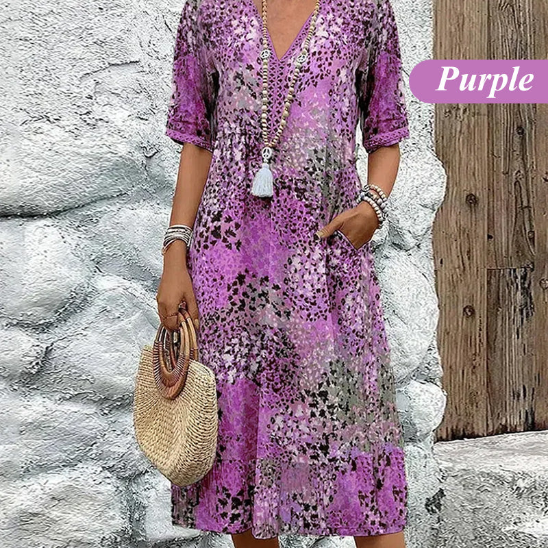 🔥 Letzter Tag! 50% Rabatt Damen Leopard Midikleid mit V-Ausschnitt 🐆 Lässiger Safari-Chic mit Taschen für Alltag & Freizeit