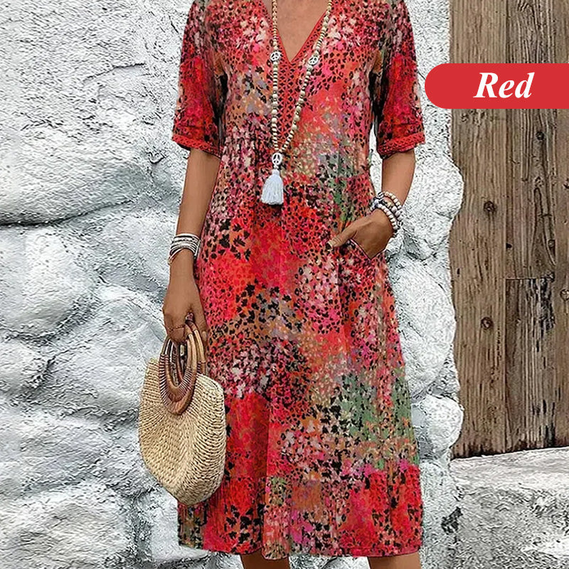 🔥 Letzter Tag! 50% Rabatt Damen Leopard Midikleid mit V-Ausschnitt 🐆 Lässiger Safari-Chic mit Taschen für Alltag & Freizeit