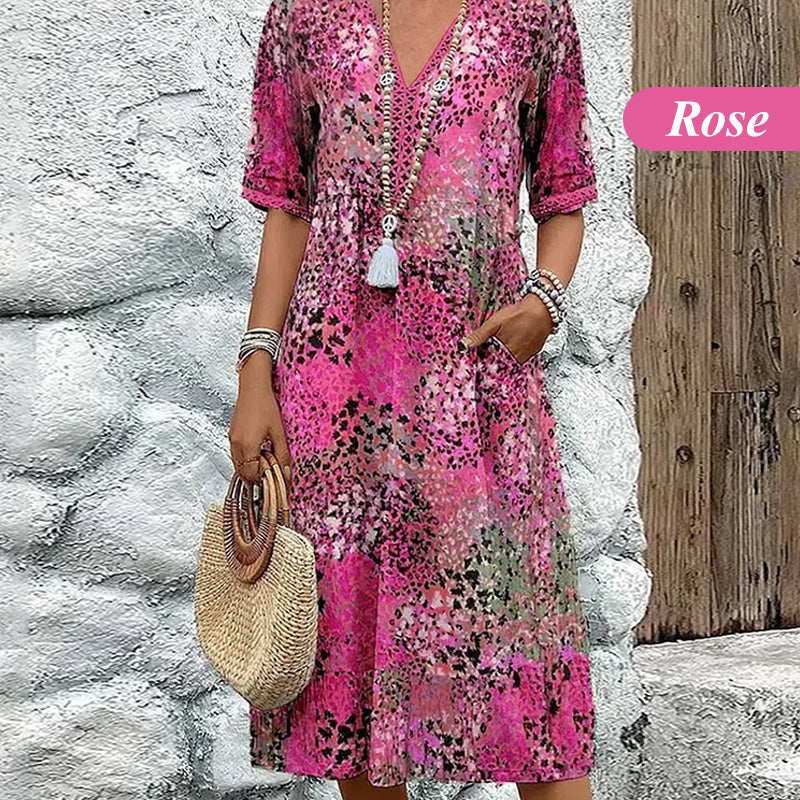 🔥 Letzter Tag! 50% Rabatt Damen Leopard Midikleid mit V-Ausschnitt 🐆 Lässiger Safari-Chic mit Taschen für Alltag & Freizeit