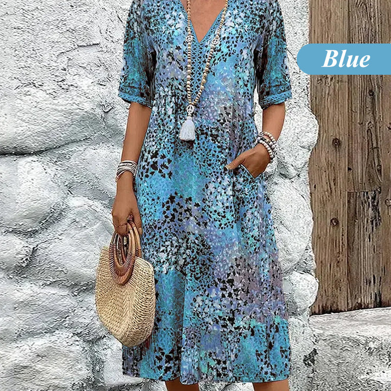 🔥 Letzter Tag! 50% Rabatt Damen Leopard Midikleid mit V-Ausschnitt 🐆 Lässiger Safari-Chic mit Taschen für Alltag & Freizeit