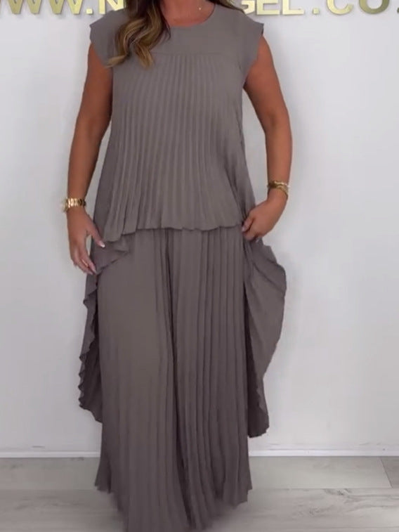 Laney plissiertes, unregelmäßiges Midi-Oberteil mit kurzen Ärmeln und Hose mit weitem Bein und elastischer Taille