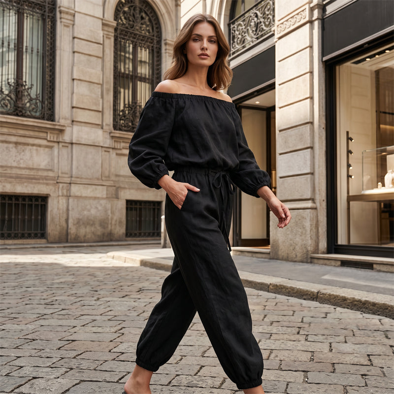 🖤 40% RABATT! Damen Off-Shoulder Jumpsuit aus Leinen – Lässig, elegant & für jeden Tag!